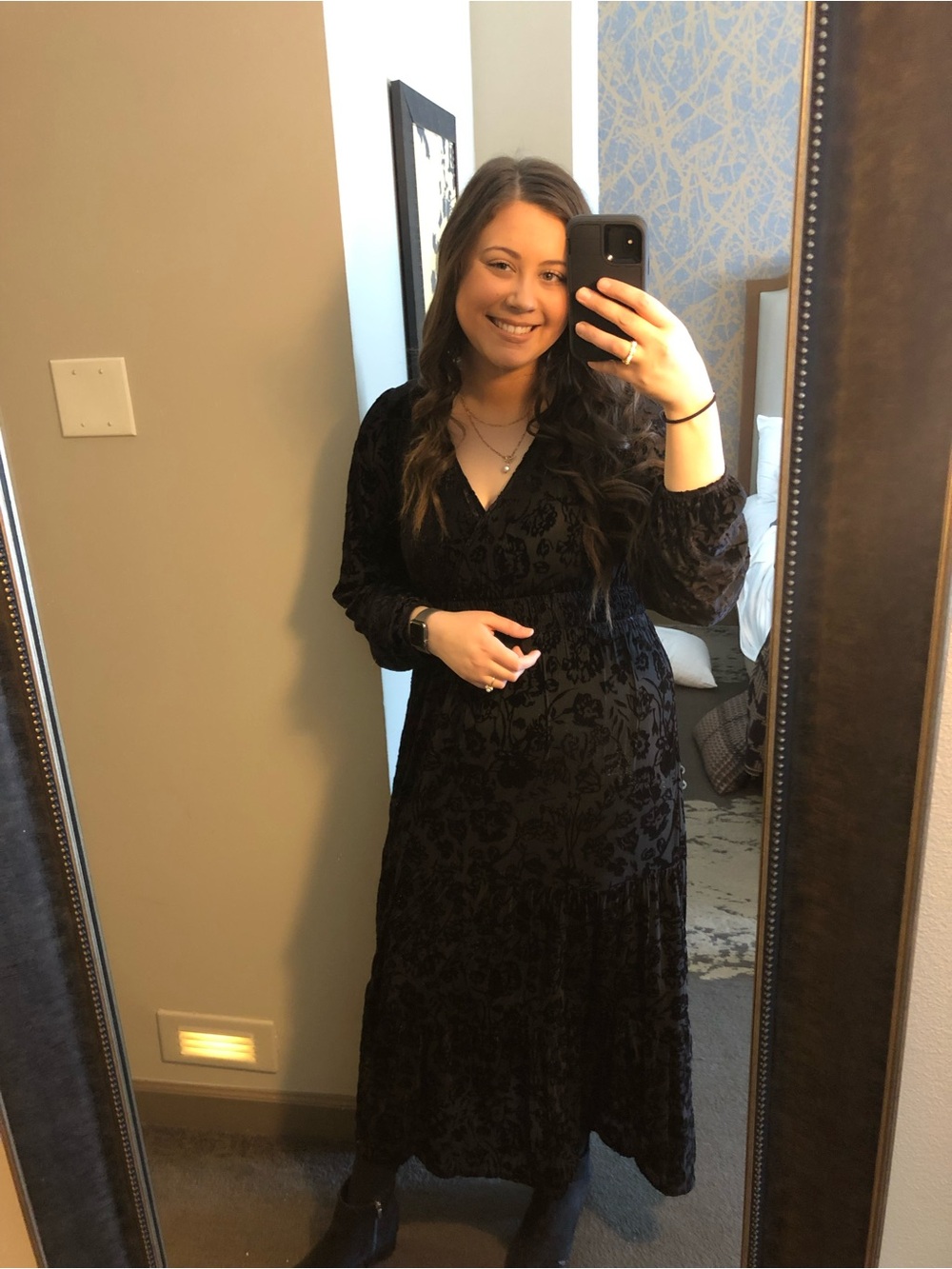 Black Velvet Floral Maxi Dress - Women
